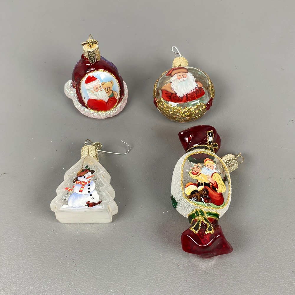 4 Old World Christmas Inside Art Glass Holiday Ornaments Santa Snowman Candy Hat